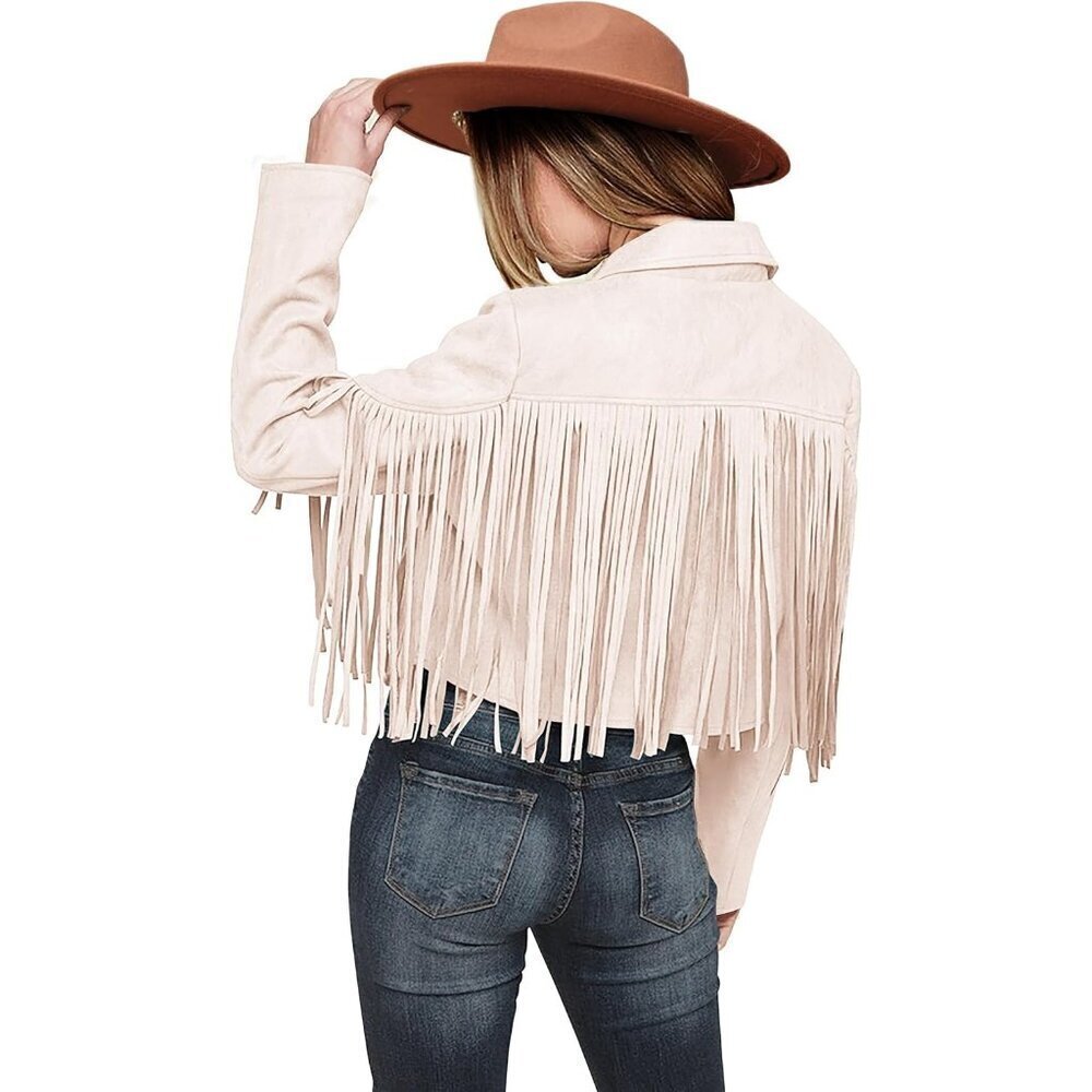 Prettygarden Women's Beige White Fringe Motorcycle Cropped Leather Jackets
